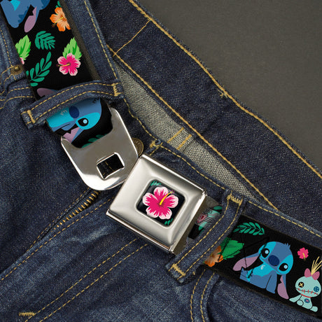 Lilo & Stitch Hibiscus Flower Full Color Black Pink Seatbelt Belt - Stitch & Scrump Poses/Tropical Flora Webbing