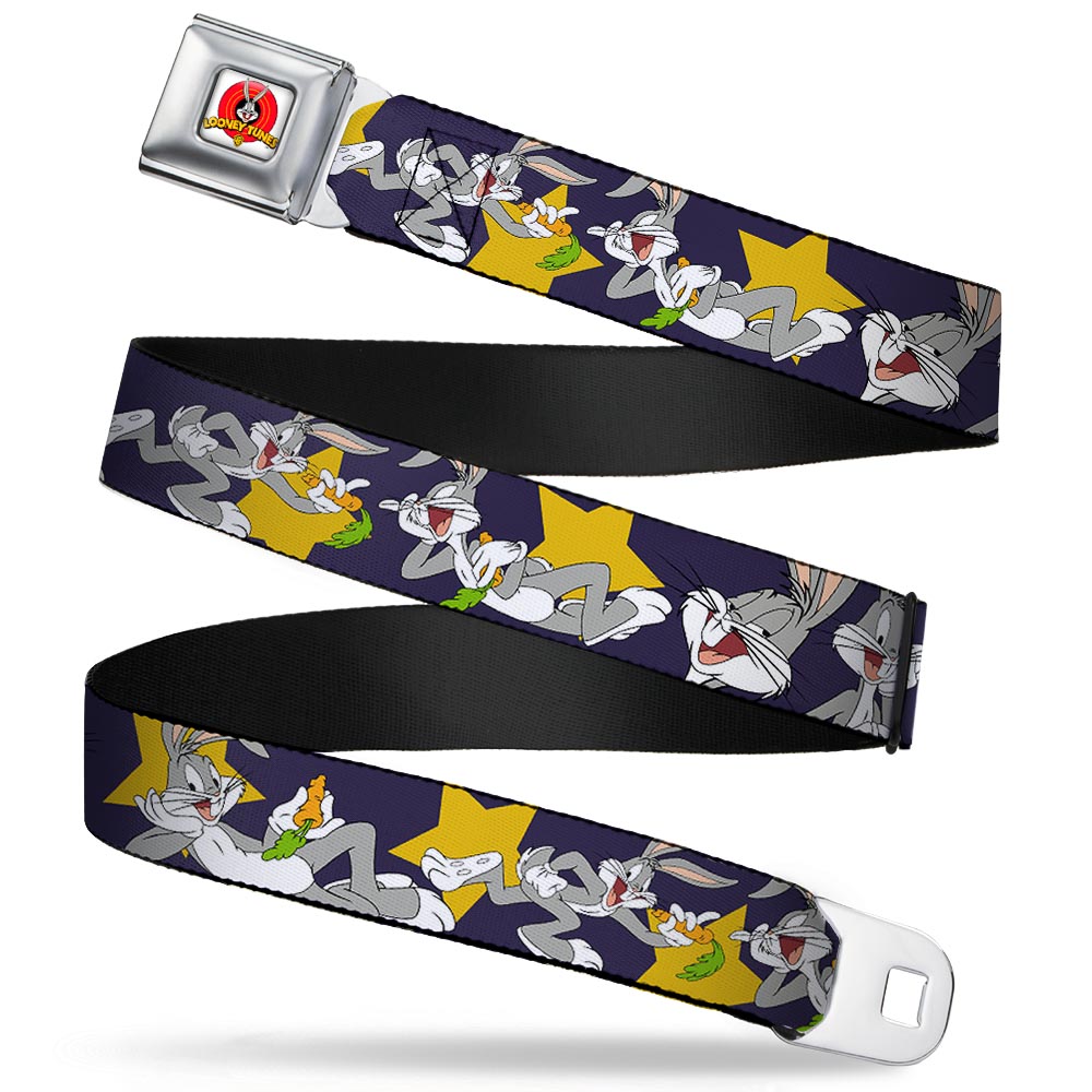 Looney Tunes Logo Full Color White Seatbelt Belt - Bugs Bunny Poses/Stars Navy Webbing