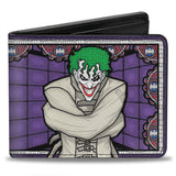 Bi-Fold Wallet - Joker Stained Glass Straitjacket Pose Bat Logo Purples Red Blue White