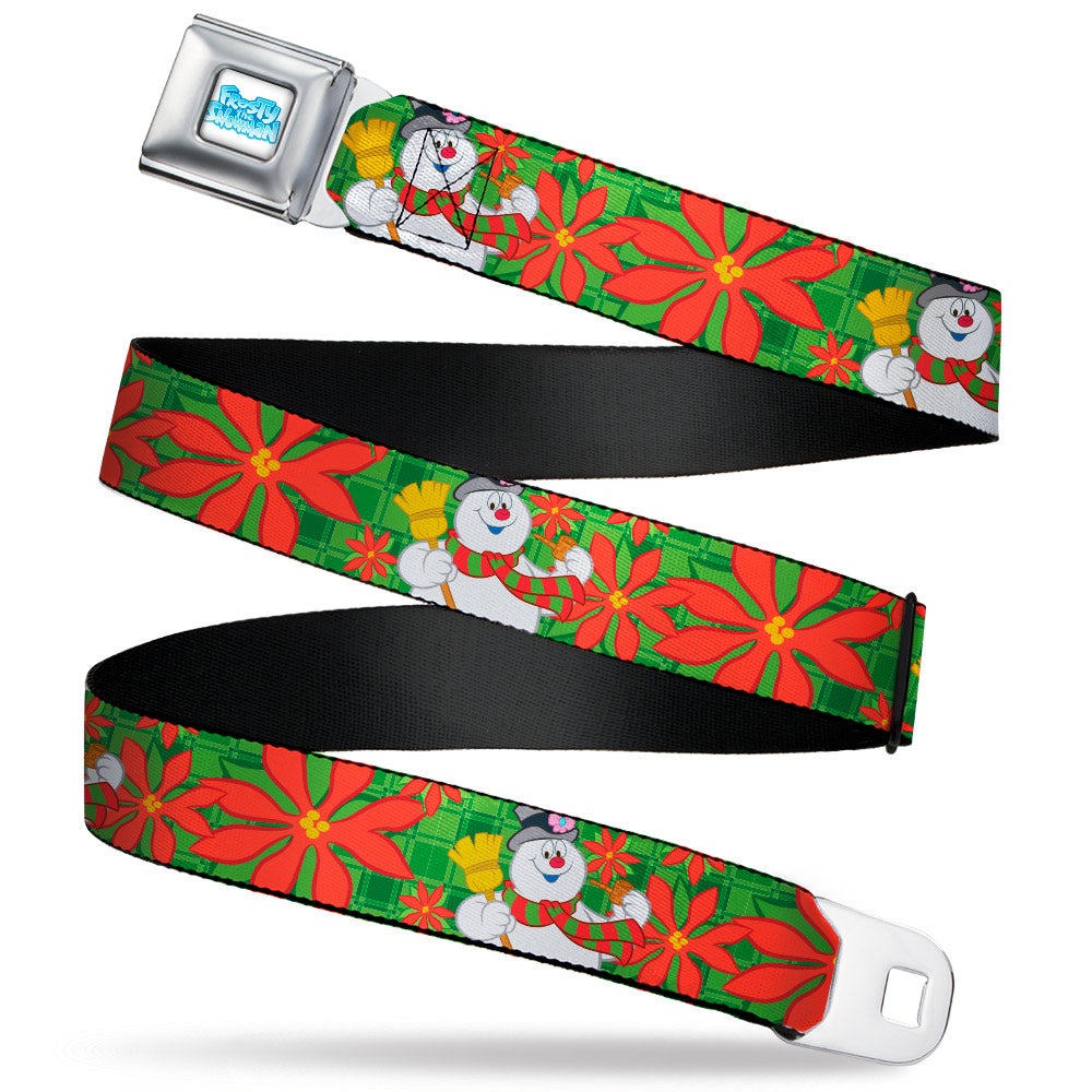 FROSTY THE SNOWMAN Logo Full Color White/Blues Seatbelt Belt - Frosty the Snowman Pose Poinsettia Plaid Collage Greens/Reds Webbing