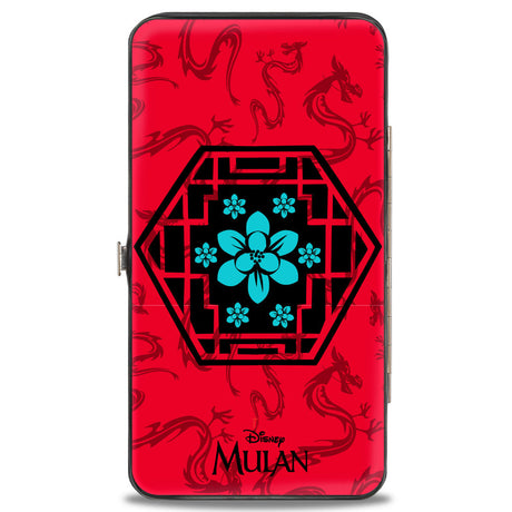 Hinged Wallet - Mulan Flower Lattice Mushu Icons Scattered Reds Black Blue