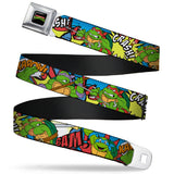 Classic TMNT Logo Full Color Seatbelt Belt - Classic Teenage Mutant Ninja Turtles Action Poses/Action Bubbles Dots Blues Webbing