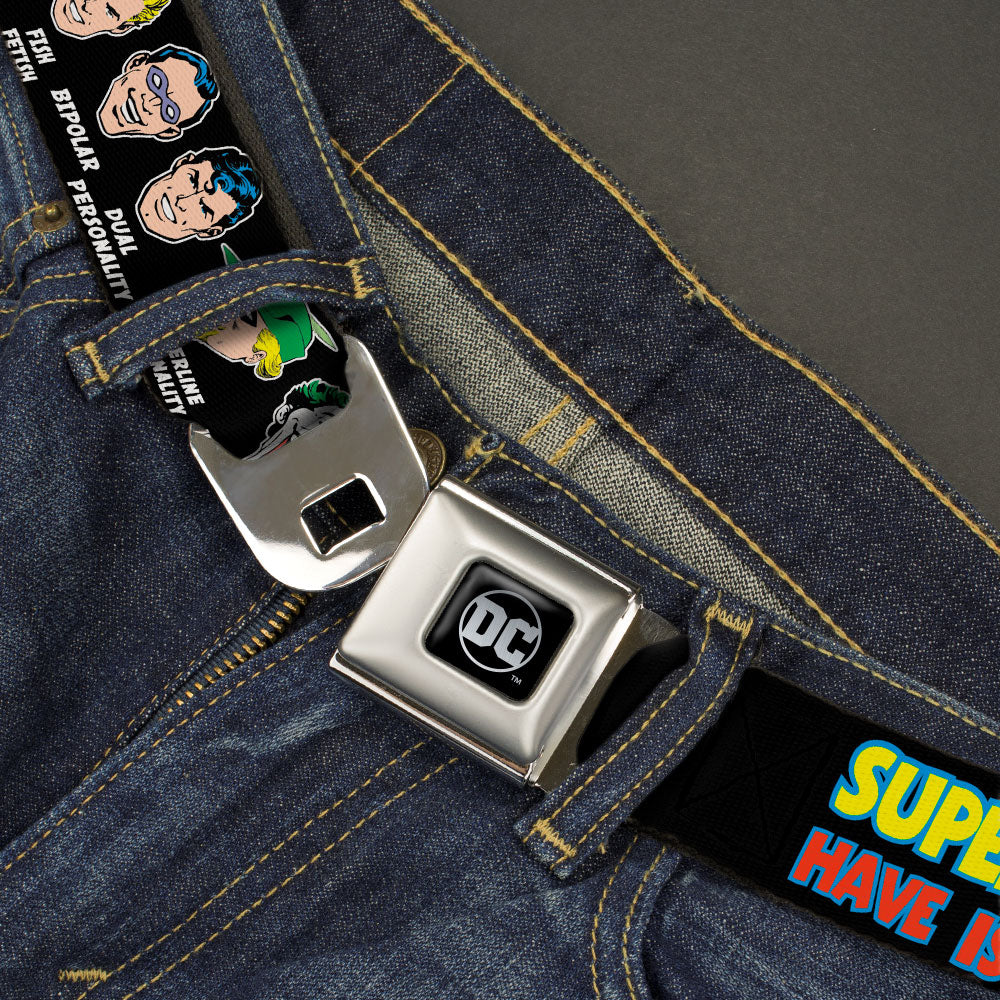 DC Round Logo Black/Silver Seatbelt Belt - DC Originals SUPER HEROES HAVE ISSUES TOO! Faces/Issues Black Webbing