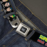 DC Round Logo Black/Silver Seatbelt Belt - DC Originals SUPER HEROES HAVE ISSUES TOO! Faces/Issues Black Webbing