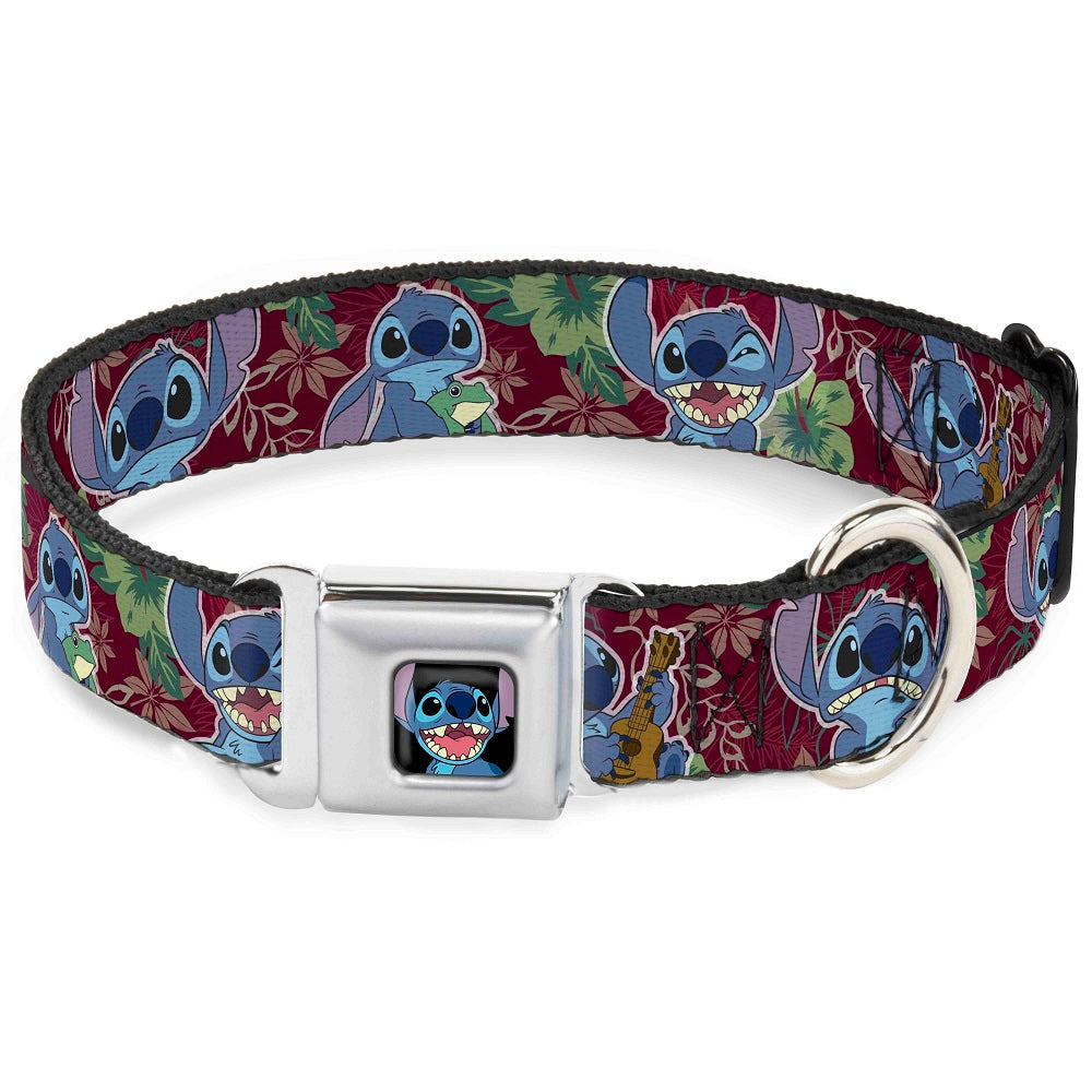 Stitch Smiling CLOSE-UP Full Color Black Seatbelt Buckle Collar - Stitch 6-Expressions Tropical Flora Burgundy Reds/Greens