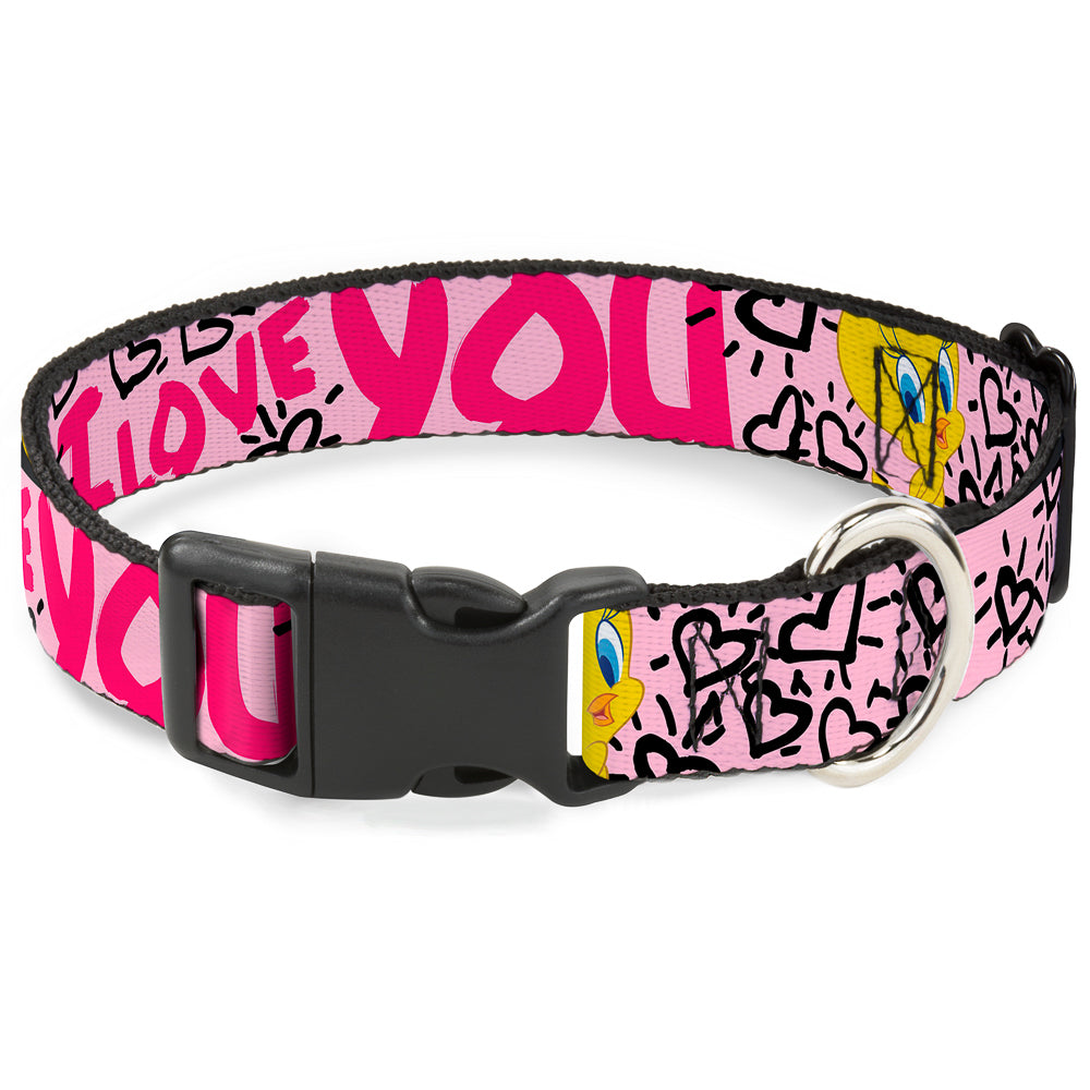 Plastic Clip Collar - Tweety Bird I LOVE YOU Pink/Black