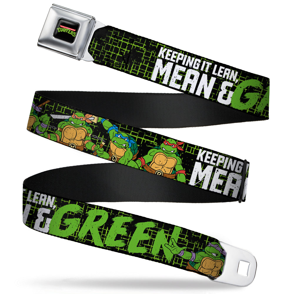 Classic TMNT Logo Full Color Seatbelt Belt - Classic TMNT Group Pose6/KEEPING IT LEAN, MEAN & GREEN Black/Green/White Webbing