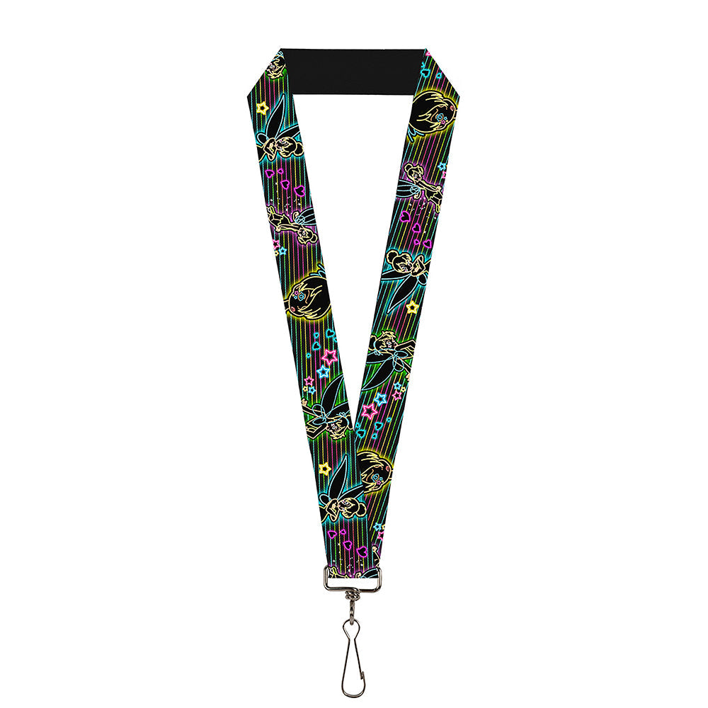 Lanyard - 1.0" - Electric Tinkerbell Poses Stripes Black Multi Neon