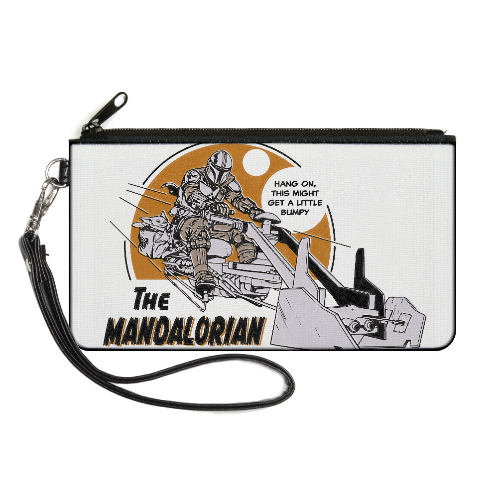 Canvas Zipper Wallet - SMALL - Star Wars THE MANDALORIAN Riding Speeder Bike with The Child HANG ON Quote White Grays Browns