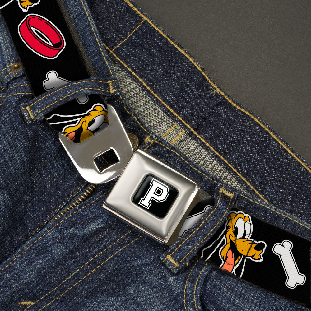 Disney Pluto "P" Logo Full Color Black/White Seatbelt Belt - Disney Pluto Smiling Face/Bone/Collar Black Webbing