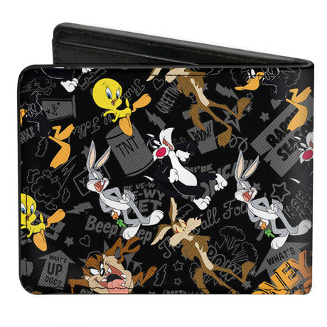 Bi-Fold Wallet - LOONEY TUNES 6-Character Poses Elements Scattered Black Gray Oranges