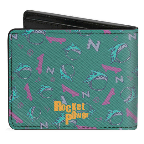 Bi-Fold Wallet - ROCKET POWER Sam Skateboard Pose + Text Scattered Icons Blues Purples Gold