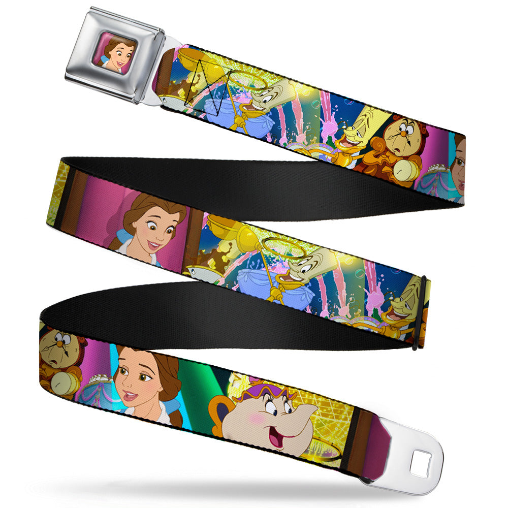 Surprised Belle Full Color Pink Seatbelt Belt - Beauty & the Beast Be Our Guest Scenes Webbing