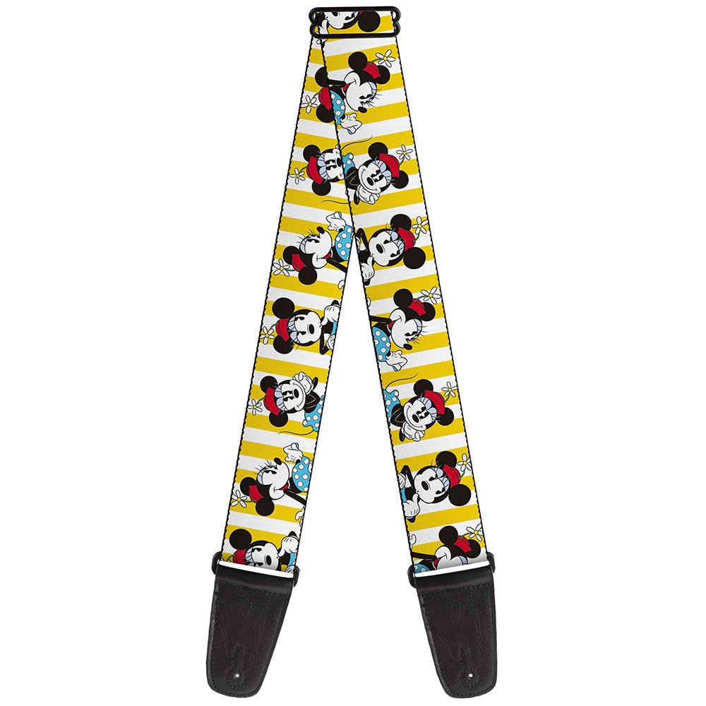 Guitar Strap - Minnie Mouse w Hat Poses Stripe Yellow White