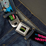 Classic TMNT Logo Full Color Seatbelt Belt - TMNT BEBOP AND ROCKSTEADY Back-to-Back Pose Splatter Blue/Black/Pink Webbing