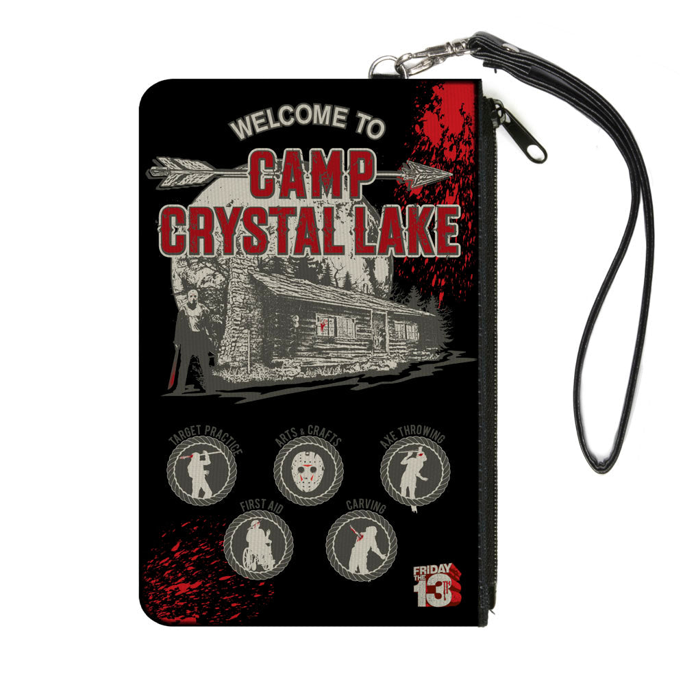 Canvas Zipper Wallet - LARGE - Friday the 13th WELCOME TO CAMP CRYSTAL LAKE Jason Cabin Badges Black Grays Reds