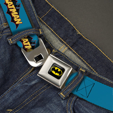 Batman Full Color Black Yellow Seatbelt Belt - Vintage Batman Logo Blue Webbing