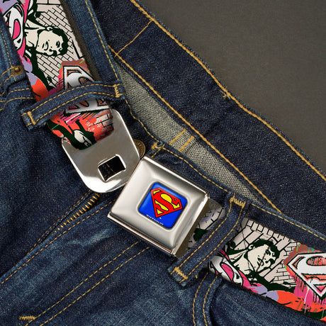 Superman Full Color Blue Seatbelt Belt - Superman Color Flying Bricks Scene Webbing