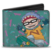 Bi-Fold Wallet - ROCKET POWER Sam Skateboard Pose + Text Scattered Icons Blues Purples Gold