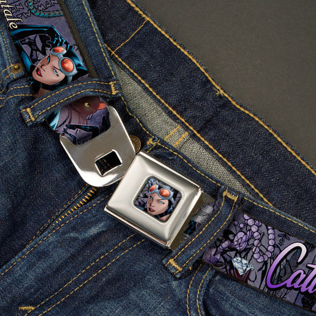 Catwoman Face Full Color Purple Seatbelt Belt - CATWOMAN-NINE LIVES OF A FELINE FATALE Pose2/Jewelry/Black Cat Purples Webbing