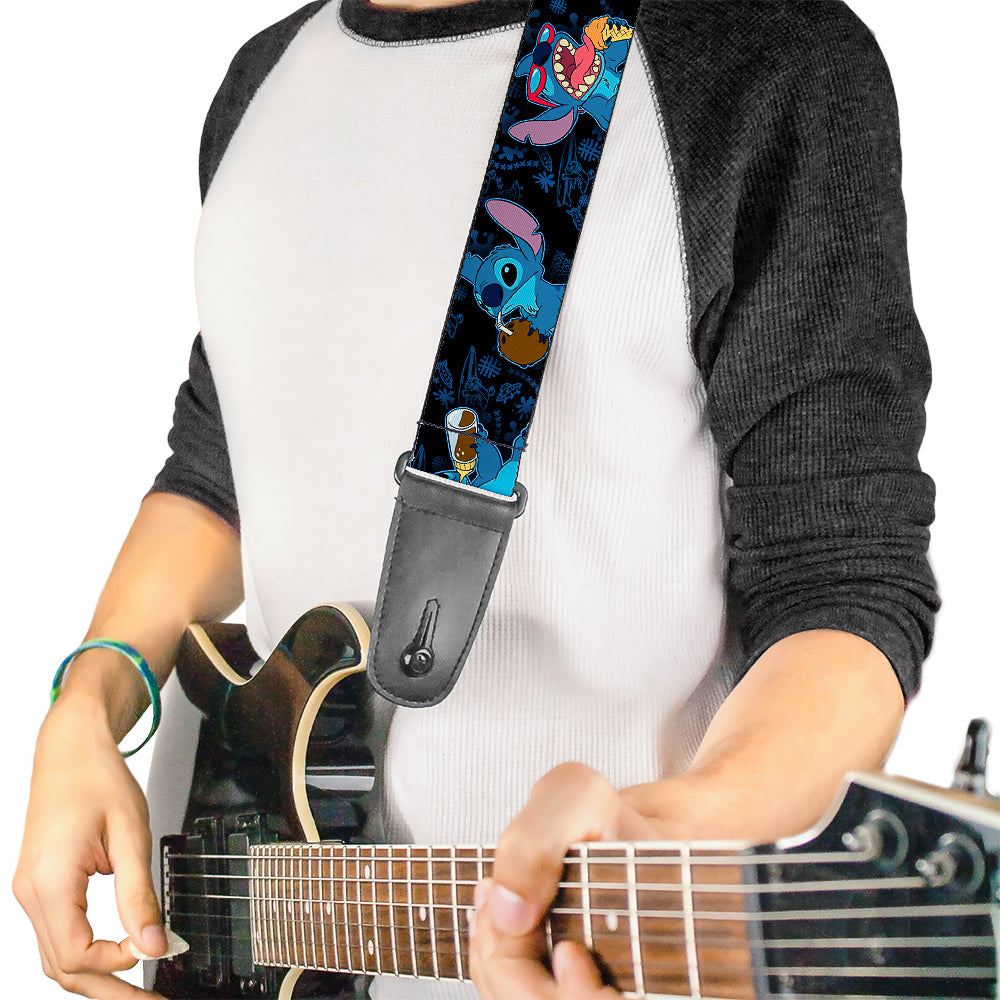 Guitar Strap - Stitch Snacking Poses Black Blue