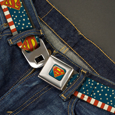 Superman Shield Full Color Americana Blue Seatbelt Belt - Superman Shield Americana Red/White/Blue/Yellow Webbing