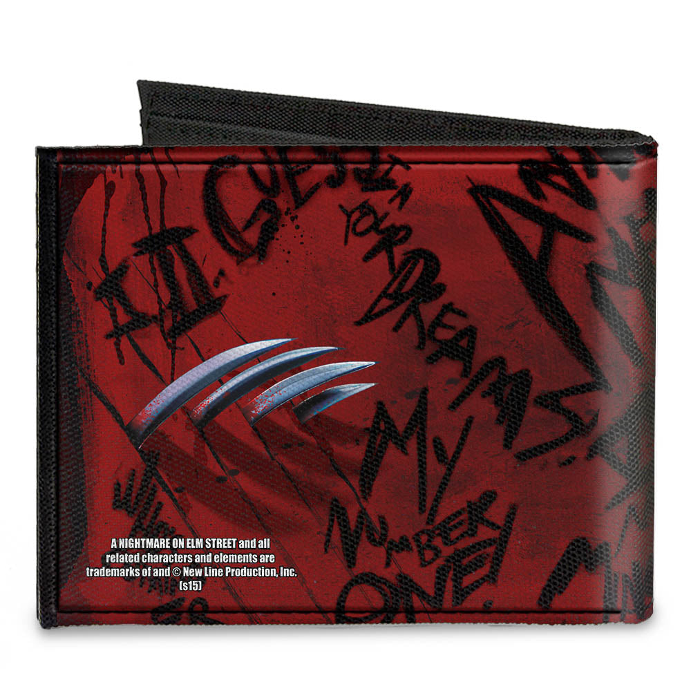 Canvas Bi-Fold Wallet - Freddy Pose2 + Hand Scratching Quote Scrawls Reds Black