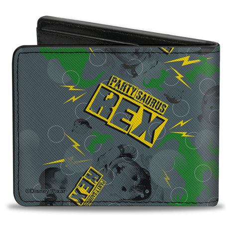 Bi-Fold Wallet - Toy Story PARTYSAURUS REX Collage Grays Yellow Green