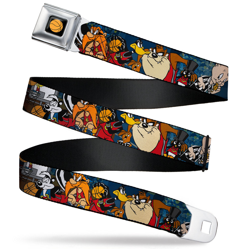 Looney Tunes Basketball Full Color Black Seatbelt Belt - Looney Tunes Basketball 11-Players/2-Referees Group Pose Blues Webbing