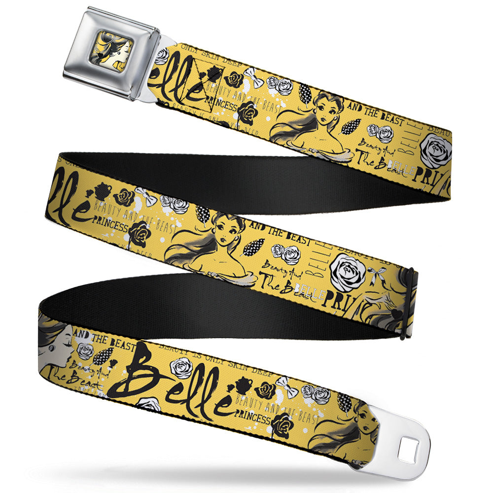 Belle Profile Sketch Full Color Light Yellow Black Seatbelt Belt - BELLE Sketch Poses/Flowers/Bows Light Yellow/Black Webbing