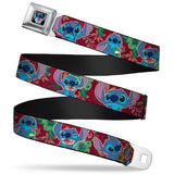 Stitch Smiling CLOSE-UP Full Color Black Seatbelt Belt - Stitch 6-Expressions Tropical Flora Burgundy Reds/Greens Webbing