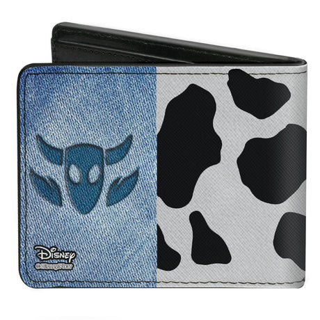 Bi-Fold Wallet - Toy Story Woody Denim Cowboy Bull Icon Cow Print White Black