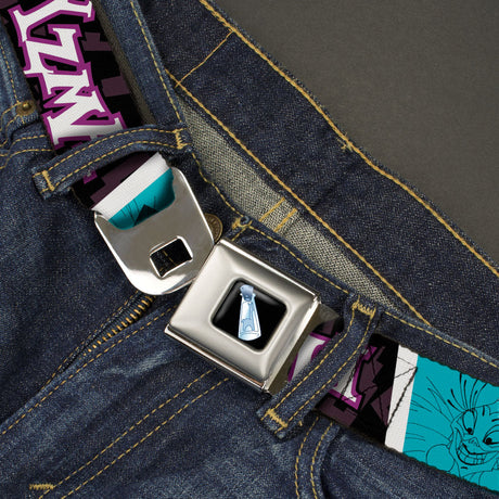 Yzma's Llama Potion Bottle Full Color Black Seatbelt Belt - YZMA/Smiling Face Blocks Black/Fuchsia/White/Blue/Black Webbing