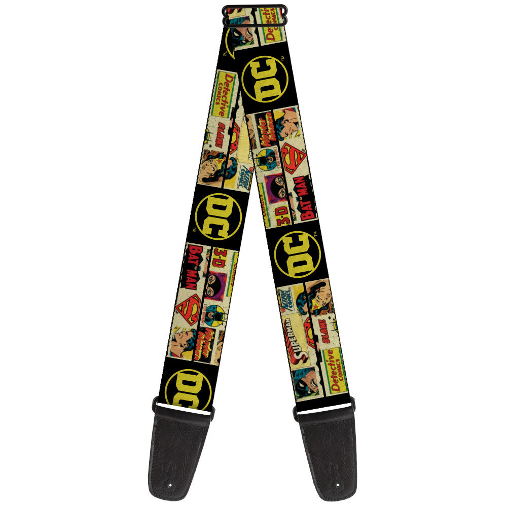 Guitar Strap - Vintage DC Comics Superhero and Logos Collage Black