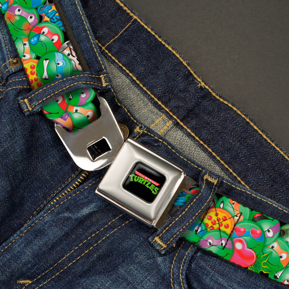 Classic TMNT Logo Full Color Seatbelt Belt - Classic TMNT Turtle Expressions/Pizza/Turtle Shell Buttons Stacked Webbing