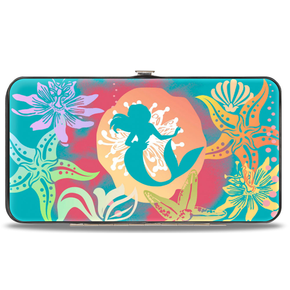 Hinged Wallet - Ariel Pose Silhouette Shells & Sea Flowers Collage Aqua Blue Multi Color