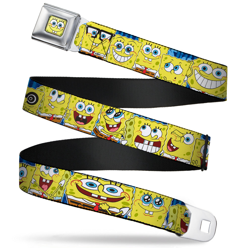 Sponge Bob Face CLOSE-UP Full Color Seatbelt Belt - SpongeBob Expressions Stripe Blue Webbing