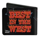 Bi-Fold Wallet - Toy Story Woody STOP PULLING MY STRING Pose + BEST IN THE WEST Black Blues Red