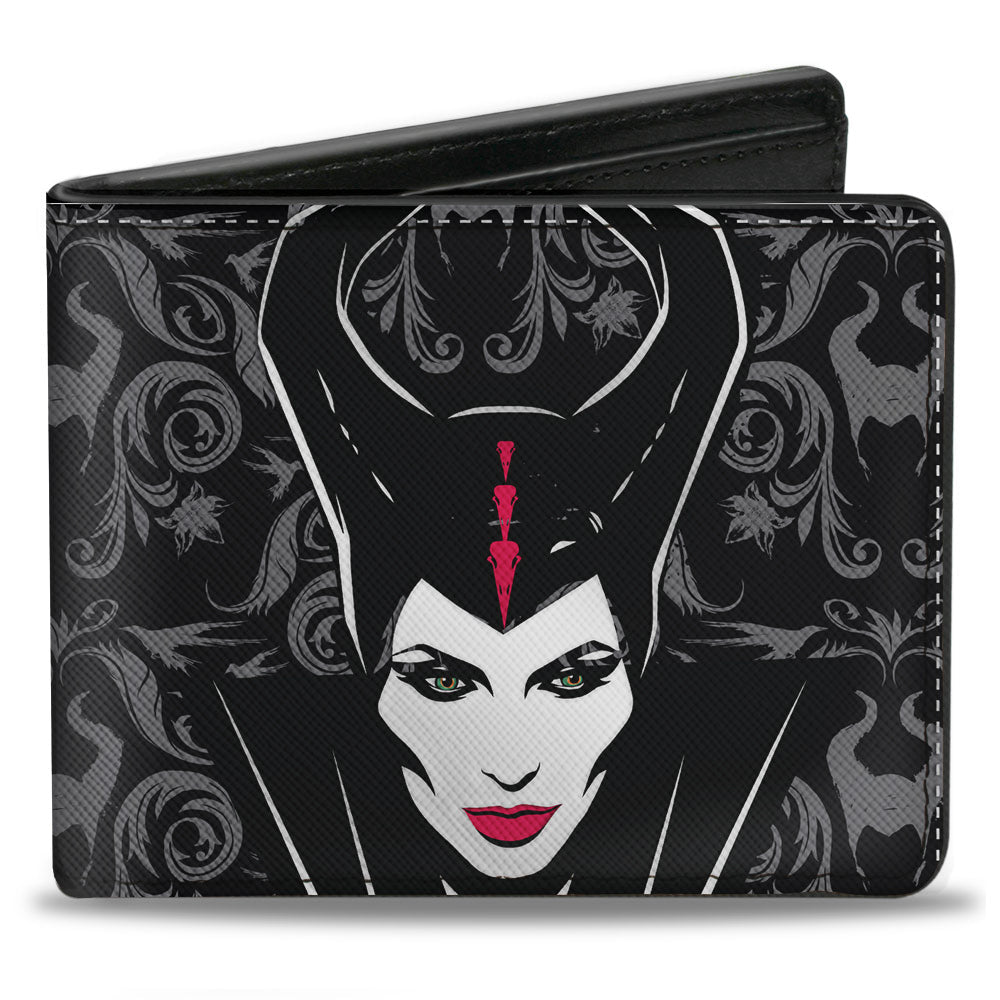 Bi-Fold Wallet - Maleficent Face + Sword Damask Black Gray White