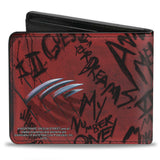 Bi-Fold Wallet - Freddy Pose2 + Hand Scratching Quote Scrawls Reds Black