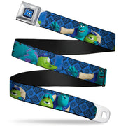 Monsters University Logo Full Color Blue White Seatbelt Belt - Monsters University Sulley & Mike Poses/Checkers Blue Webbing