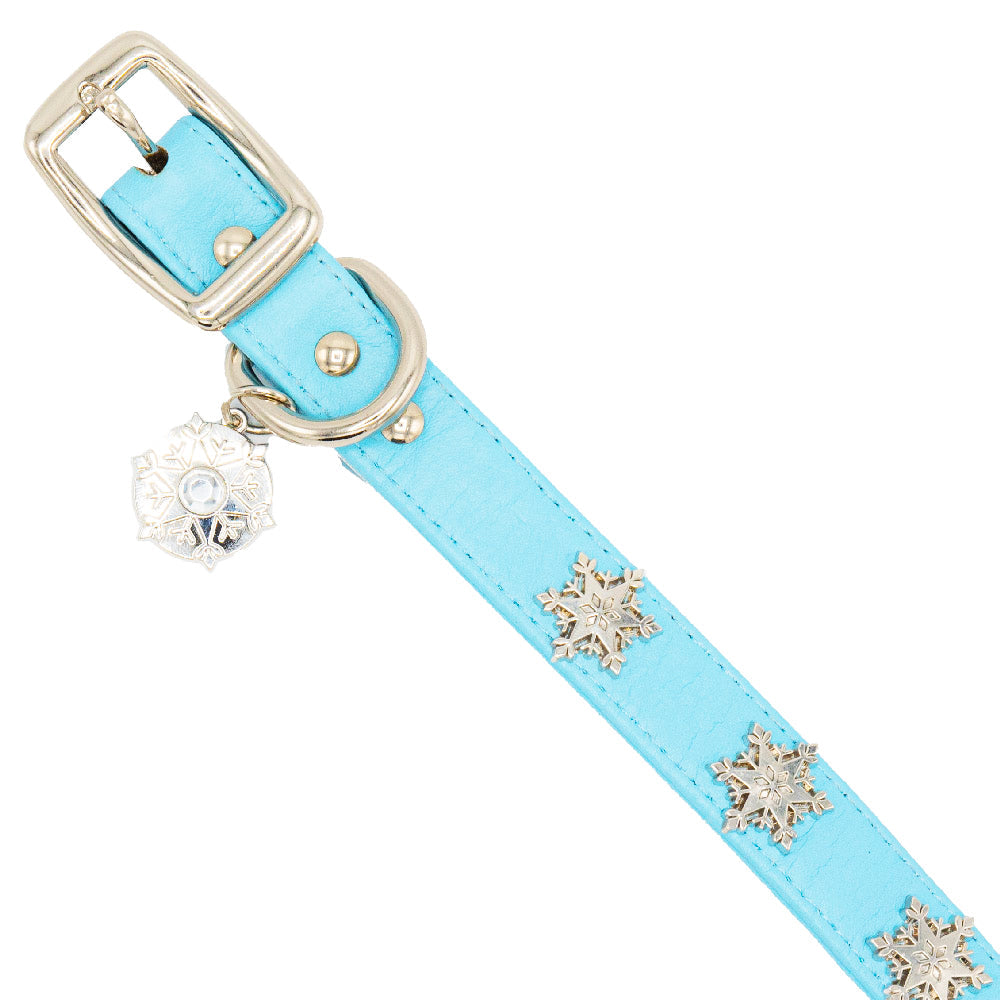 Vegan Leather Dog Collar - Frozen 2 Light Blue PU w Snowflake Embellishments & Metal Charm