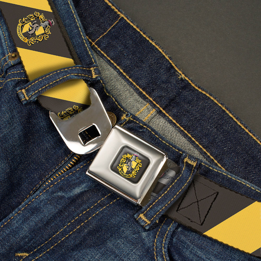 HUFFLEPUFF Crest Full Color Charcoal Gray Seatbelt Belt - HUFFLEPUFF Crest Diagonal Stripe Charcoal Gray/Yellow Webbing