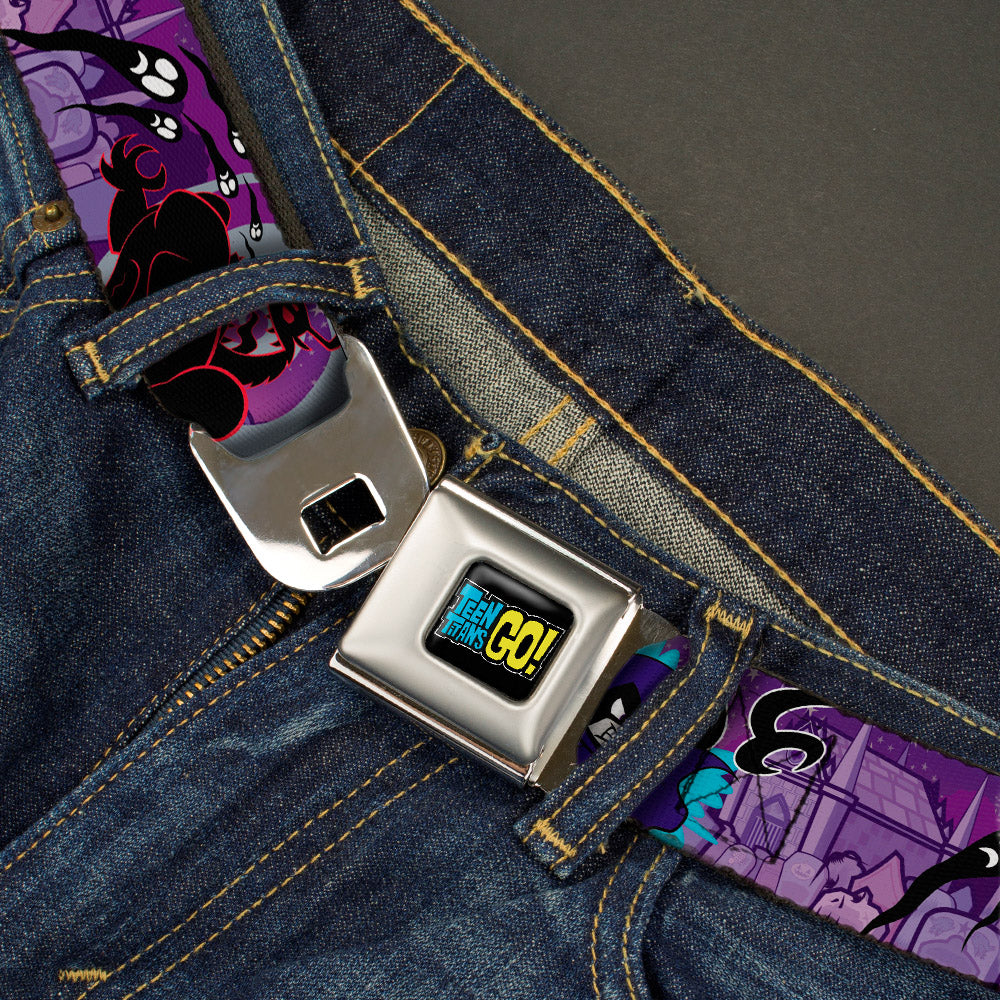 TEEN TITANS GO! Full Color Black Blue Yellow Seatbelt Belt - RAVEN/Trigon/Ghosts Cemetery Poses Purples Webbing