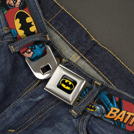 Batman Full Color Black Yellow Seatbelt Belt - Batman & Robin in Action w/Text Burgundy Webbing