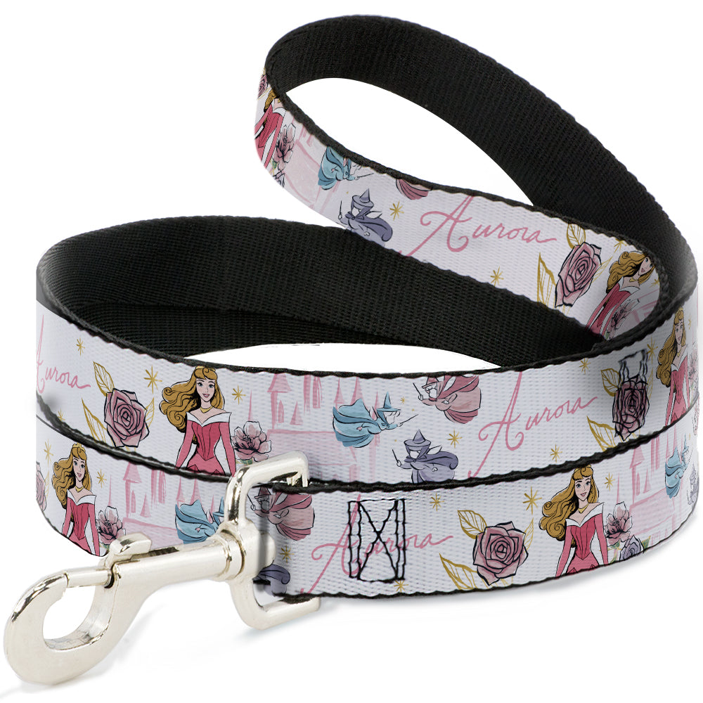 Dog Leash - Sleeping Beauty Aurora Castle and Fairy Godmothers Pose with Script and Flowers White/Pinks