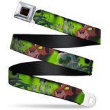 THE LION KING Title Logo Full Color Black Red Seatbelt Belt - Scar & 3-Hyena Poses/Elephant Graveyard CLOSE-UP Greens/Yellows Webbing