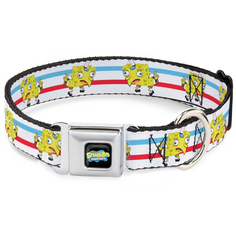 SpongeBob SquarePants Logo2 Full Color Black Seatbelt Buckle Collar - Mocking SpongeBob Pose Stripe White/Blue/Red