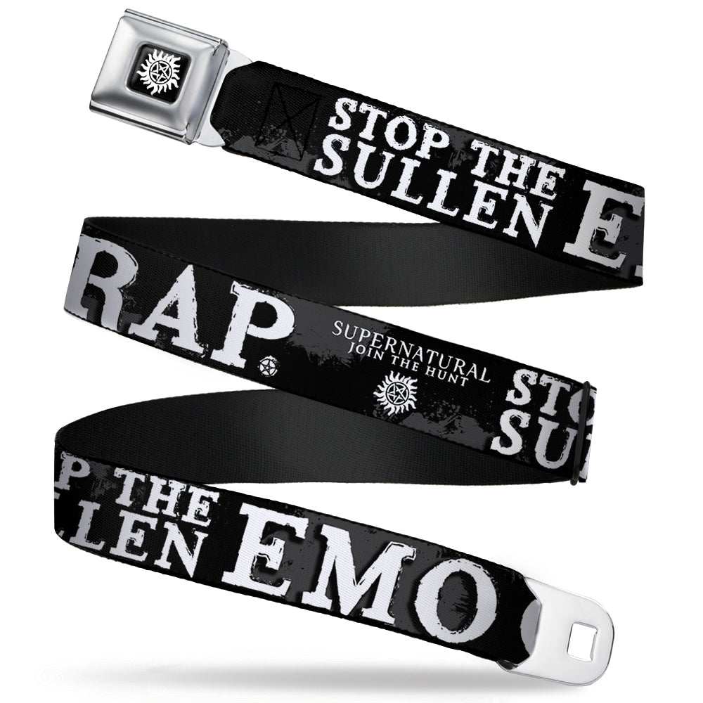 Winchester Logo Full Color Black White Seatbelt Belt - SUPERNATURAL STOP THE SULLEN EMO CRAP Black/Gray/White Webbing