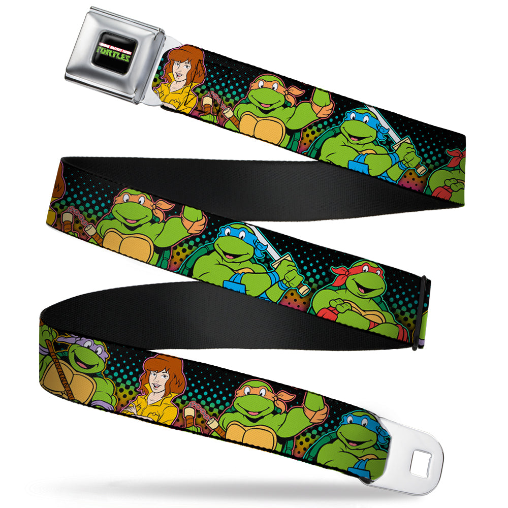 Classic TMNT Logo2 Full Color Seatbelt Belt - Classic TMNT Logo2/Turtles & April Pose Halftone Multi Color/Black Webbing